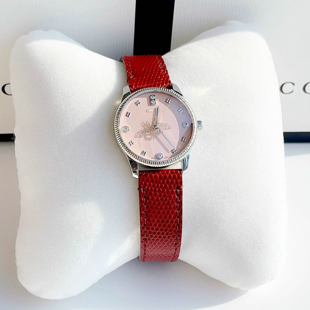 Gucci G Timeless Quartz Diamonds Pink Dial Red Leather Strap Watch For Women - YA1265017 Buy Now By Gucci