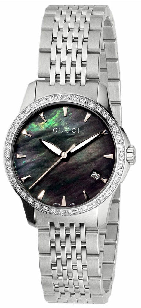 Gucci G Timeless Diamonds Mother of Pearl Black Dial Silver Mesh Bracelet Watch For Women - YA126507 Buy Now By Gucci