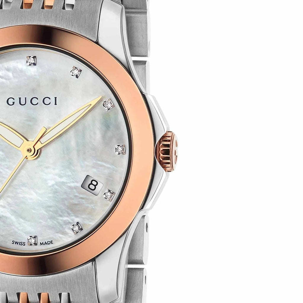 Gucci G Timeless Diamonds Mother of Pearl Dial Two Tone Mesh Bracelet Watch For Women - YA126514 Buy Now By Gucci
