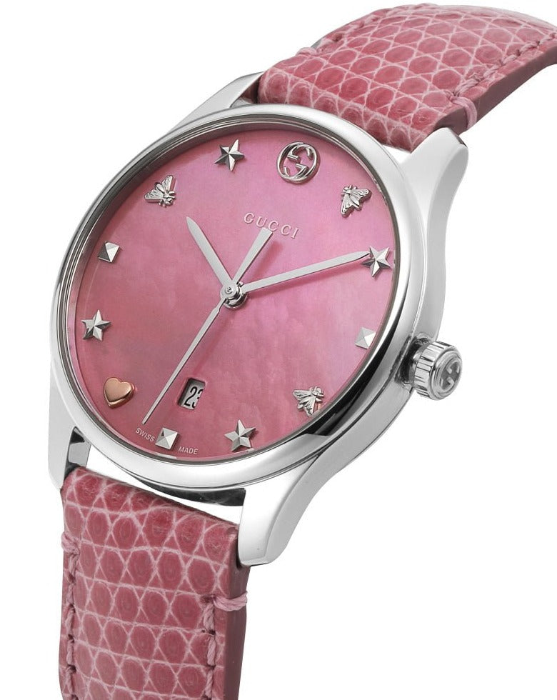 Gucci G-Timeless Pink Mother of Pearl Dial Pink Leather Strap Watch For Women - YA126586 Buy Now By Gucci
