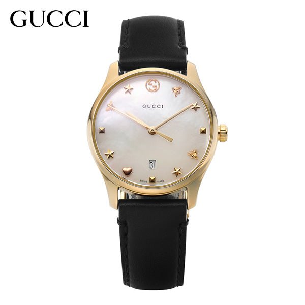 Gucci G-Timeless Mother of Pearl Dial Black Leather Strap Watch For Women - YA126589 Buy Now By Gucci