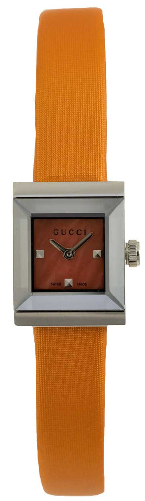 Gucci G-Frame Square Mother of Pearl Orange Dial Orange Leather Strap Watch For Women - YA128532 Buy Now By Gucci