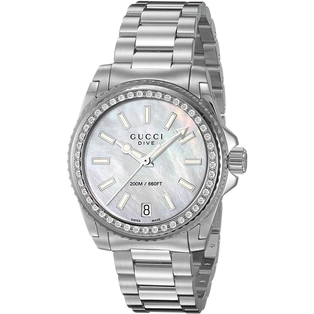 Gucci Dive Diamonds Mother of Pearl Dial Silver Steel Strap Watch For Women - YA136406 Buy Now By Gucci