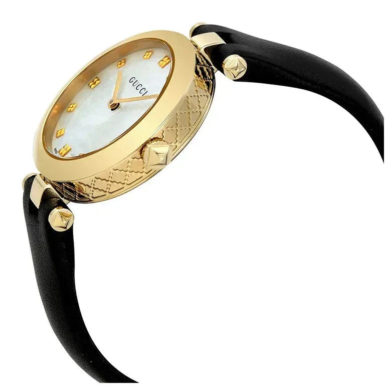 Gucci Diamantissima Quartz Mother of Pearl Dial Black Leather Strap Watch for Women - YA141404 Buy Now By Gucci