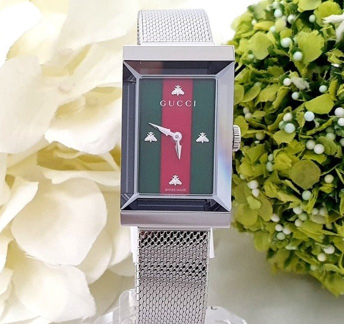Gucci G Frame Red and Green Dial Silver Mesh Bracelet Watch For Women - YA147401 Buy Now By Gucci