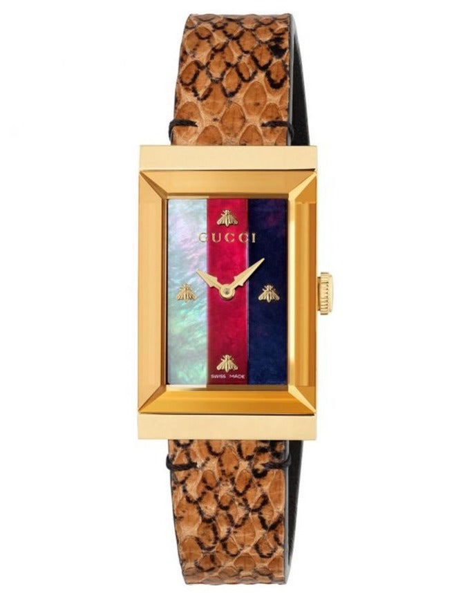 Gucci G-Frame Mother of Pearl Dial Brown Leather Snakeskin Strap Watch For Women - YA147402 Buy Now By Gucci