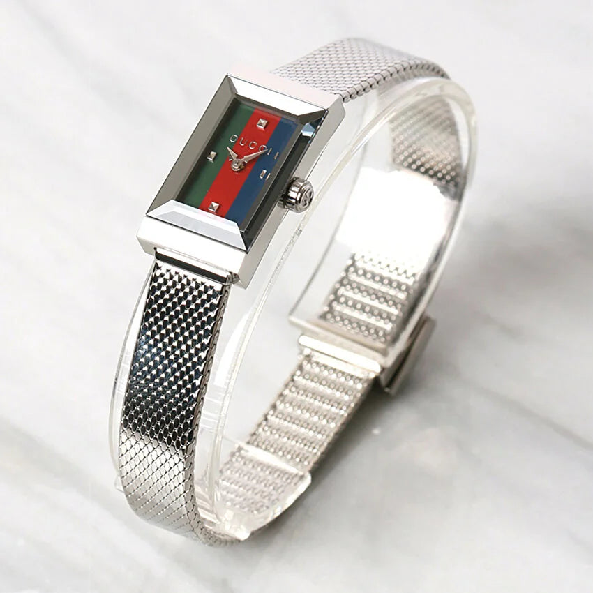 Gucci G Frame Quartz Diamonds Green & Red Mother of Pearl Dial Silver Mesh Bracelet Watch For Women - YA147510 Buy Now By Gucci