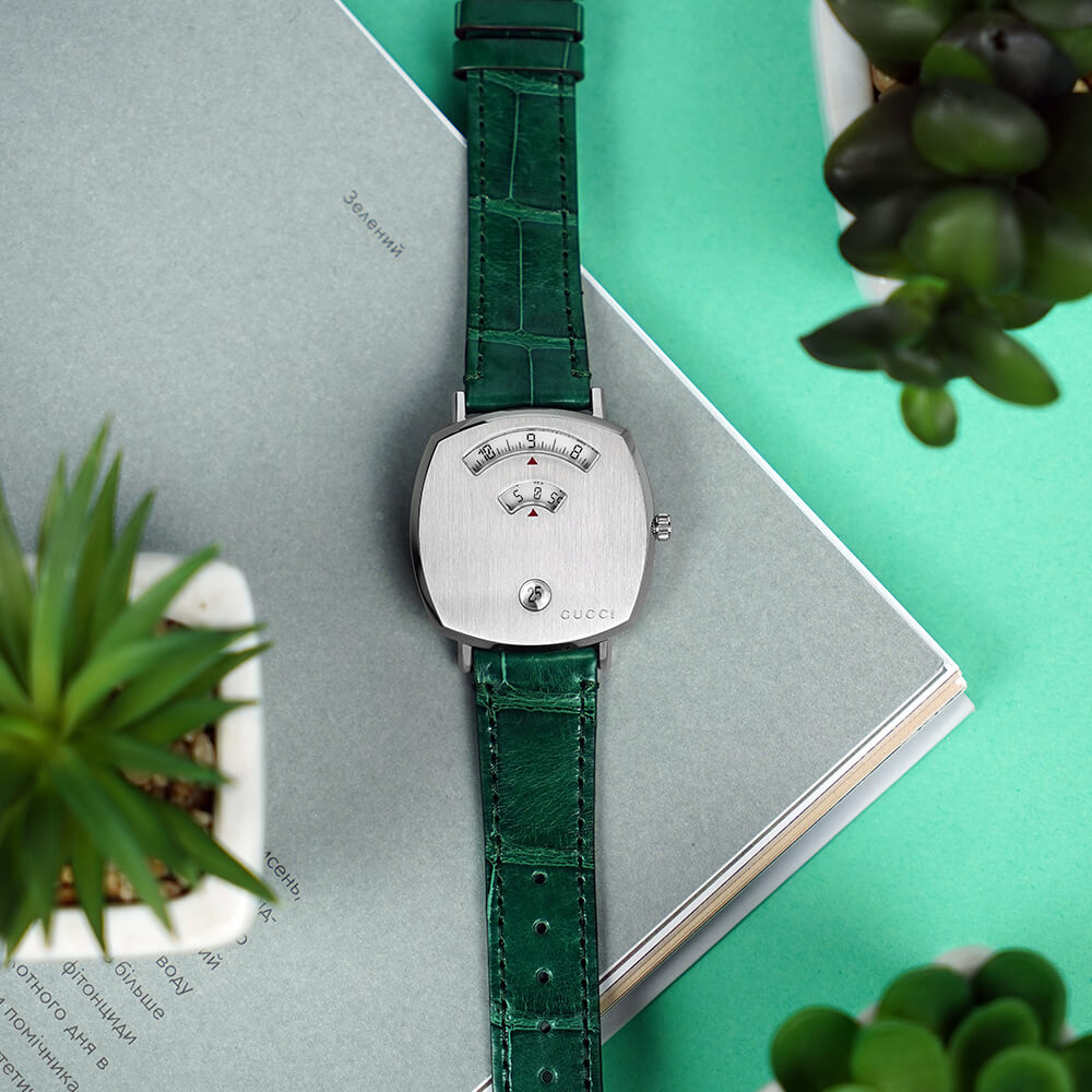 Gucci Grip Quartz Silver Dial Green Leather Strap Watch For Women - YA157404 Buy Now By Gucci