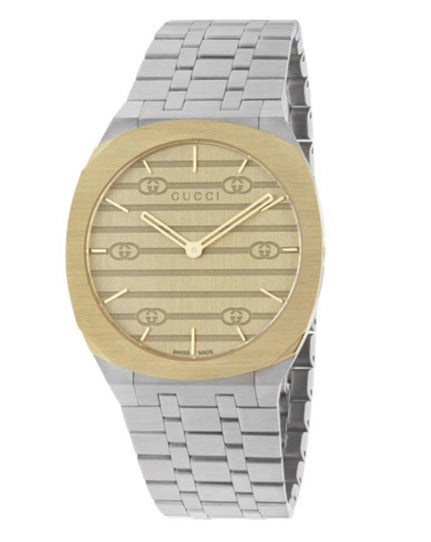 Gucci 25H Quartz Gold Dial Silver Steel Strap Watch for Men - YA163405 Buy Now By Gucci