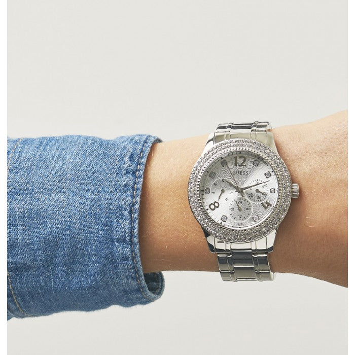 Guess Bedazzle Diamonds Silver Dial Silver Steel Strap Watch For Women - W1097L1 Buy Now By Guess