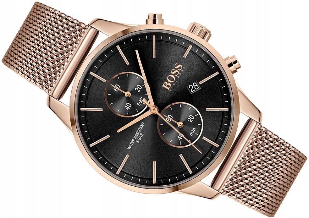 Hugo Boss Associate Black Dial Rose Gold Mesh Bracelet Watch for Men - 1513806 Buy Now By Hugo Boss