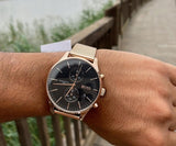 Hugo Boss Associate Black Dial Rose Gold Mesh Bracelet Watch for Men - 1513806 Buy Now By Hugo Boss