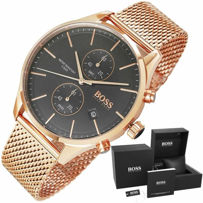 Hugo Boss Associate Black Dial Rose Gold Mesh Bracelet Watch for Men - 1513806 Buy Now By Hugo Boss