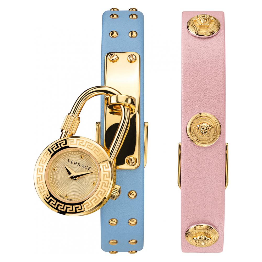 Versace Medusa Lock Icon Quartz Gold Dial Pink & Blue Leather Strap Watch For Women - VEDW00219 Buy Now By Versace