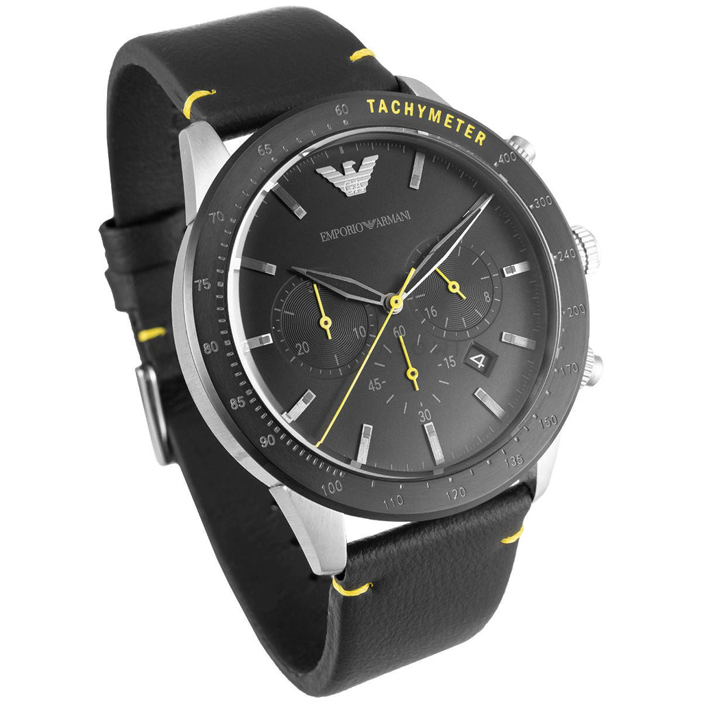 Emporio Armani Mario Chronograph Black Dial Black Leather Strap Watch For Men - AR11325 Buy Now By Emporio Armani