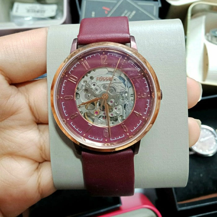 Fossil Vintage Muse Automatic Skeleton Maroon Dial Maroon Leather Strap Watch for Women - ME3137 Buy Now By Fossil