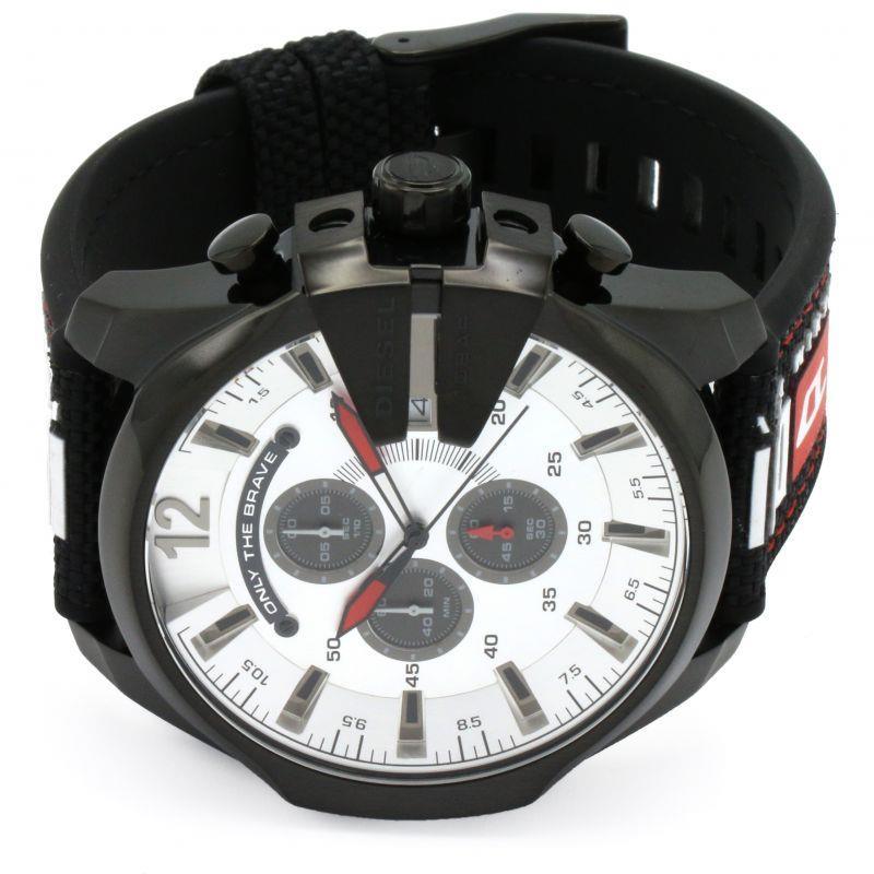 Diesel Mega Chief Chronograph Silver Dial Black Leather Strap Watch For Men - DZ4512 Buy Now By Diesel