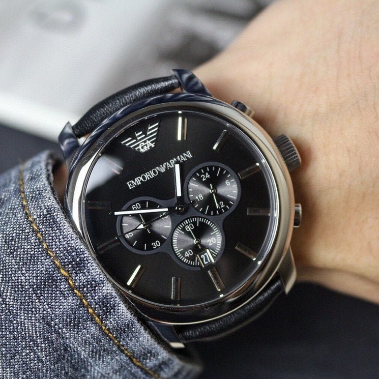 Emporio Armani Classic Chronograph Black Dial Black Leather Strap Watch For Men - AR0431 Buy Now By Emporio Armani