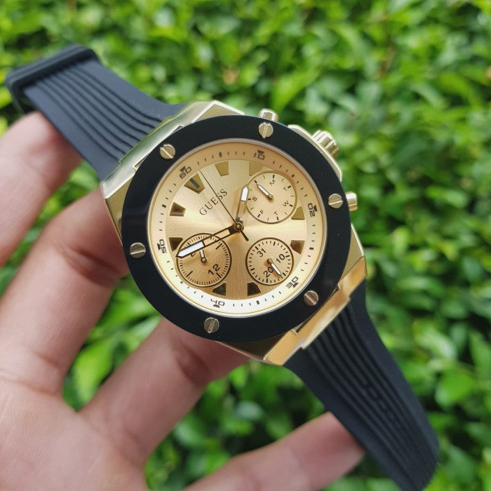 Guess Athena Gold Dial Black Rubber Strap Watch For Women - GW0030L2 Buy Now By Guess