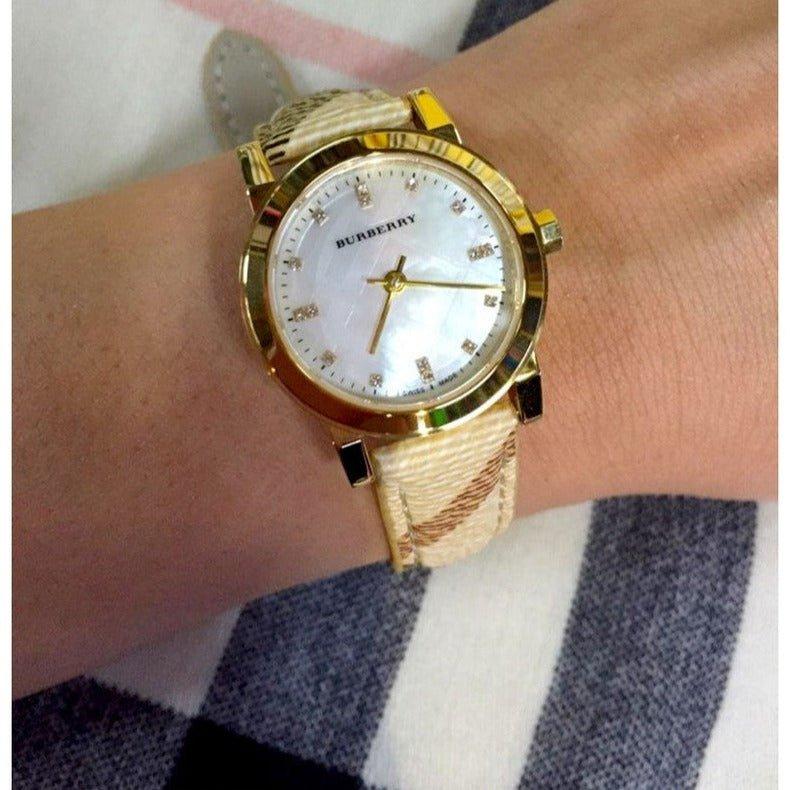 Burberry The City Diamonds Mother of Pearl Dial Brown Leather Strap Watch for Women - BU9226 Buy Now By Burberry