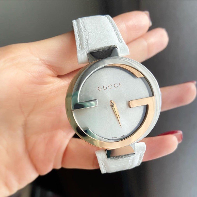 Gucci Interlocking 18K Gold Silver Dial White Leather Strap Watch For Women - YA133303 Buy Now By Gucci