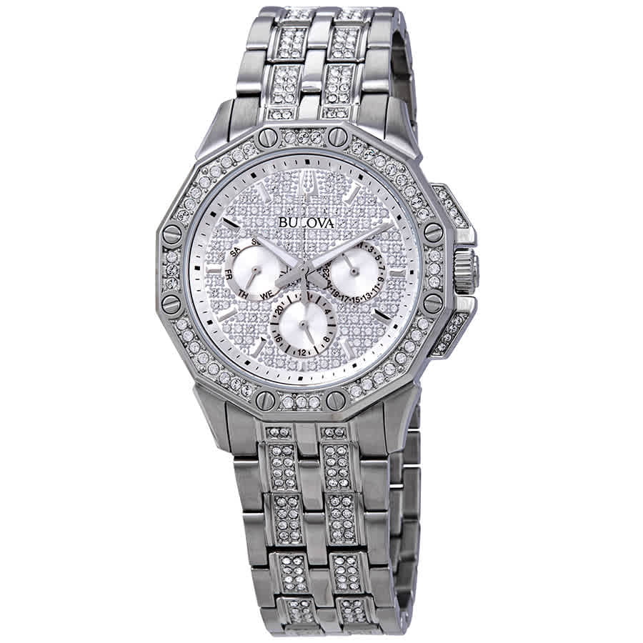 Bulova Crystal Collection Pave Silver Dial with Crystals Silver Steel Strap Watch for Men - 96C134 Buy Now By Bulova