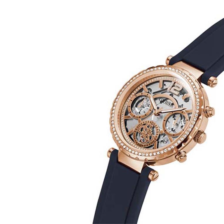 Guess Solistice Diamonds Roe Gold Dial Black Rubber Strap Watch for Women - GW0484L2 Buy Now By Guess