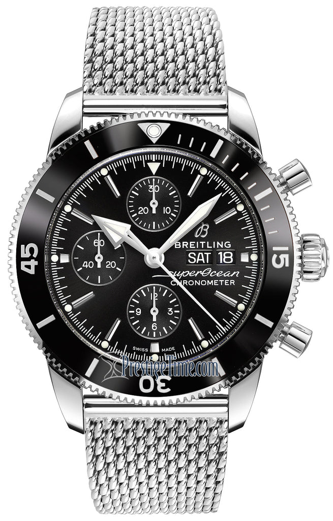 Breitling Superocean Heritage Chronograph 44 Black Dial Silver Mesh Bracelet Watch for Men - A13313121B1A1 Buy Now By Breitling