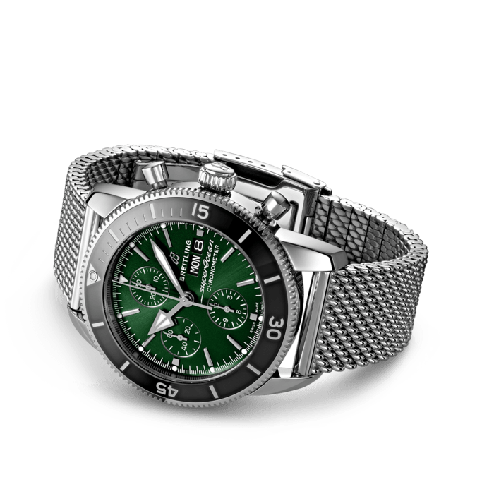 Breitling Superocean Heritage Chronograph 44 Green Dial Silver Mesh Bracelet Watch for Men - A13313121L1A1 Buy Now By Breitling