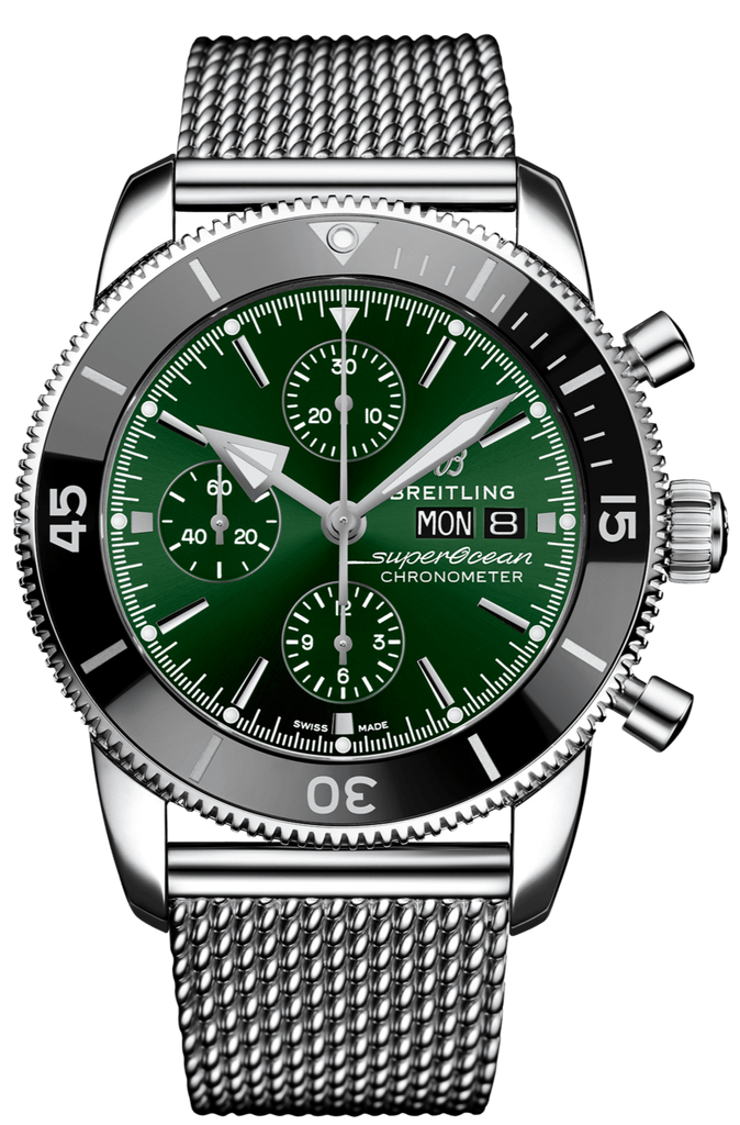 Breitling Superocean Heritage Chronograph 44 Green Dial Silver Mesh Bracelet Watch for Men - A13313121L1A1 Buy Now By Breitling