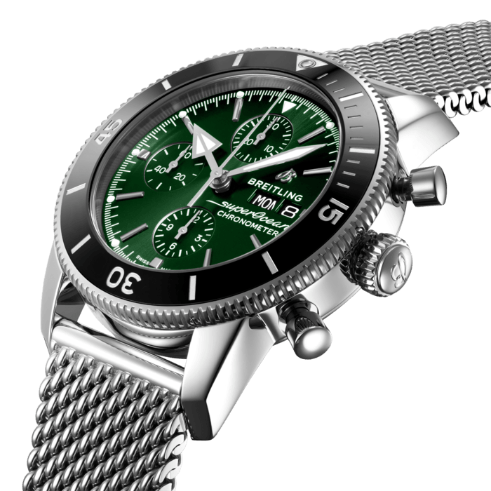 Breitling Superocean Heritage Chronograph 44 Green Dial Silver Mesh Bracelet Watch for Men - A13313121L1A1 Buy Now By Breitling