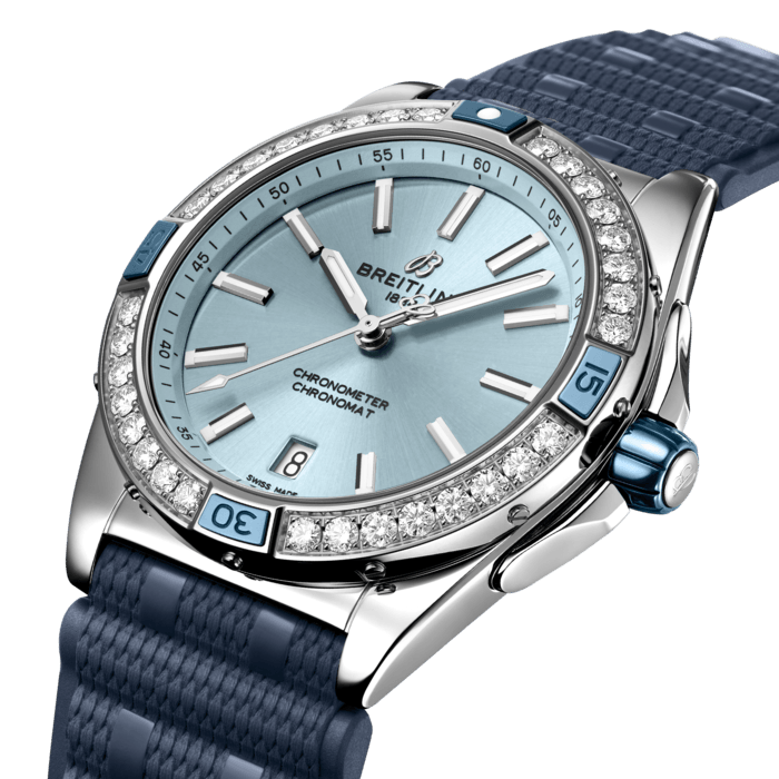 Breitling Super Chronomat Automatic 38 Diamonds Blue Dial Blue Rubber Strap Watch for Women - A17356531C1S1 Buy Now By Breitling