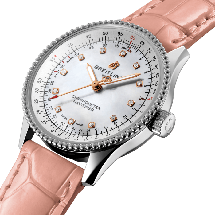 Breitling Navitimer Automatic 35 Mother of Pearl Dial Pink Leather Strap Watch for Women - A17395211A1P3 Buy Now By Breitling
