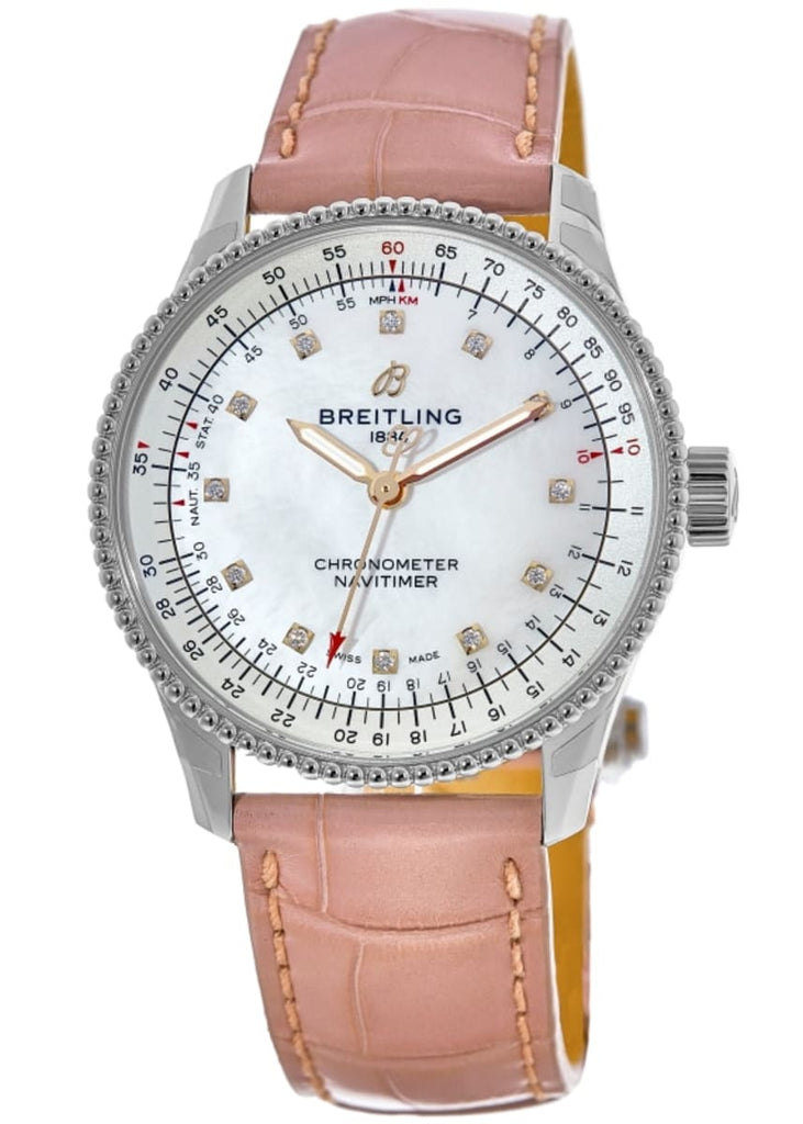 Breitling Navitimer Automatic 35 Mother of Pearl Dial Pink Leather Strap Watch for Women - A17395211A1P3 Buy Now By Breitling