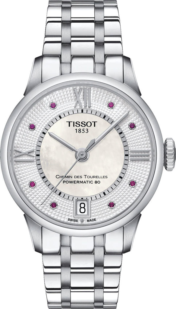 Tissot Chemin Des Tourelles Powermatic 80 Rubies Mother of Pearl Dial Silver Steel Strap Watch For Women - T099.207.11.113.00 Buy Now By Tissot