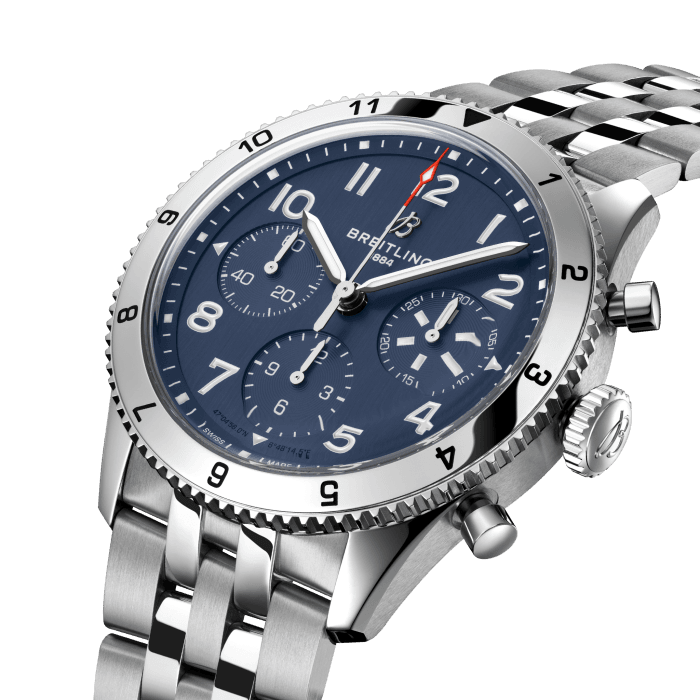 Breitling Avi Chronograph 42 Tribute to Vought F4U Corsair Blue Dial Silver Steel Strap Watch for Men - A233801A1C1A1 Buy Now By Breitling
