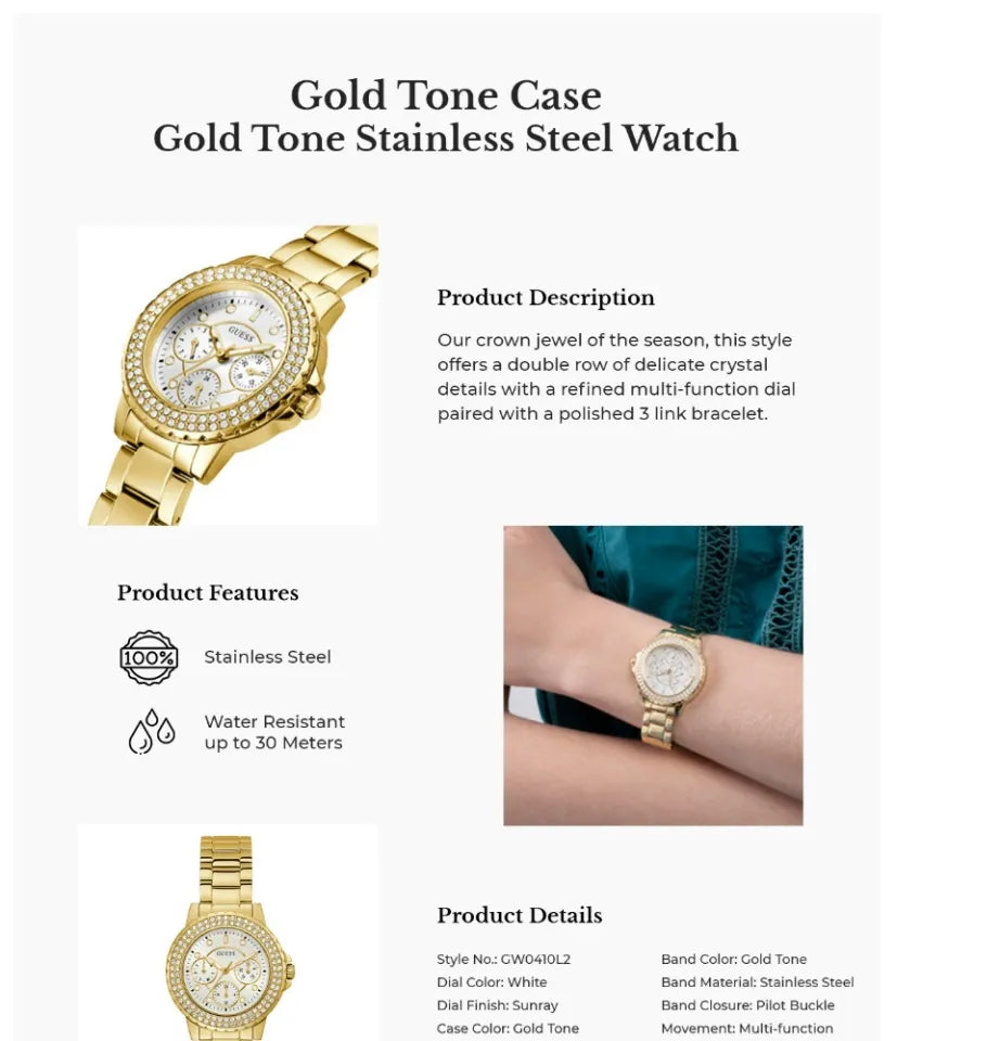 Guess Crown Jewel Diamonds White Dial Gold Steel Strap Watch for Women - GW0410L2 Buy Now By Guess