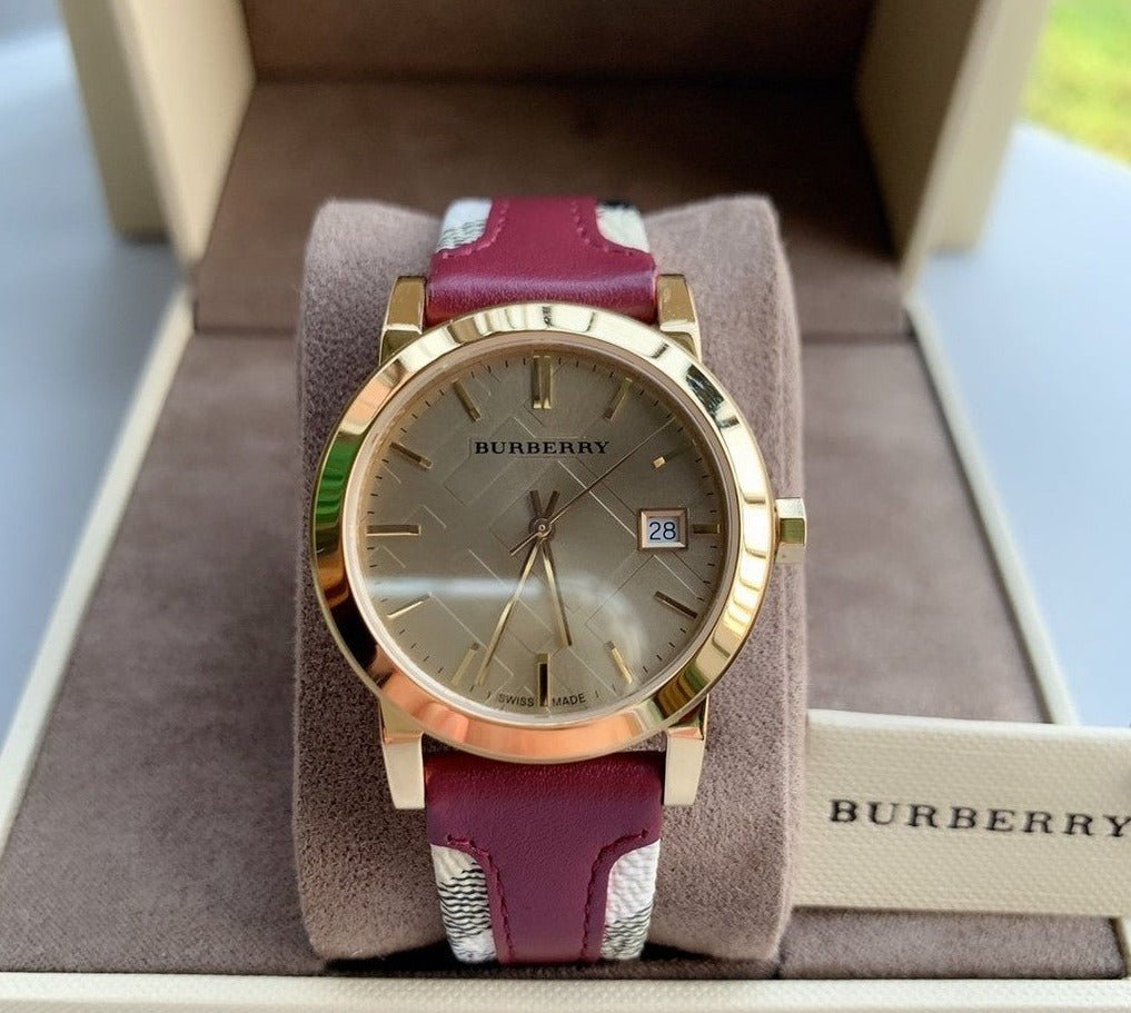 Burberry Heritage Nova Gold Dial Haymarket Red Leather Strap Watch for Women - BU9111 Buy Now By Burberry