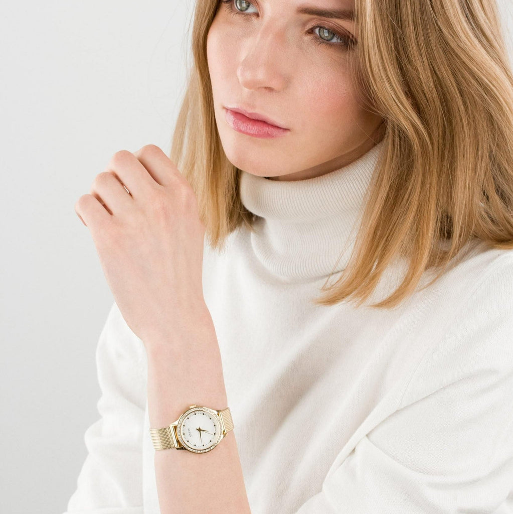 Guess Chelsea Crystals Mother of Pearl White Dial Gold Mesh Bracelet Watch For Women - W0647L7 Buy Now By Guess