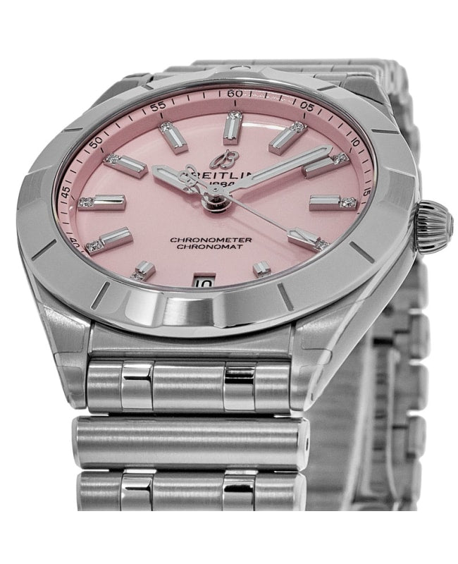 Breitling Chronomat 32 Diamonds Pink Dial Silver Steel Strap Watch for Women - A77310101K1A1 Buy Now By Breitling