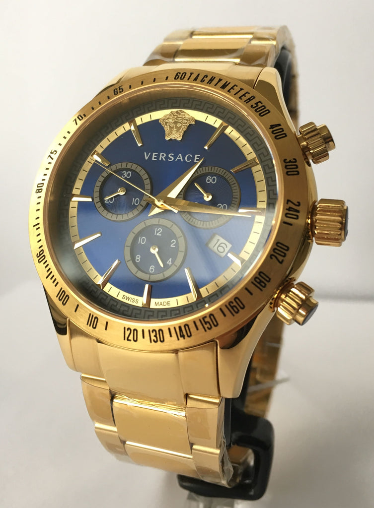 Versace Classic Chronograph Quartz Blue Dial Gold Steel Strap Watch For Men - VEV700619 Buy Now By Versace