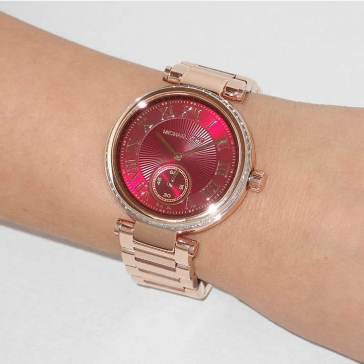 Michael Kors Skylar Maroon Dial Rose Gold Steel Strap Watch for Women - MK6086 Buy Now By Michael Kors