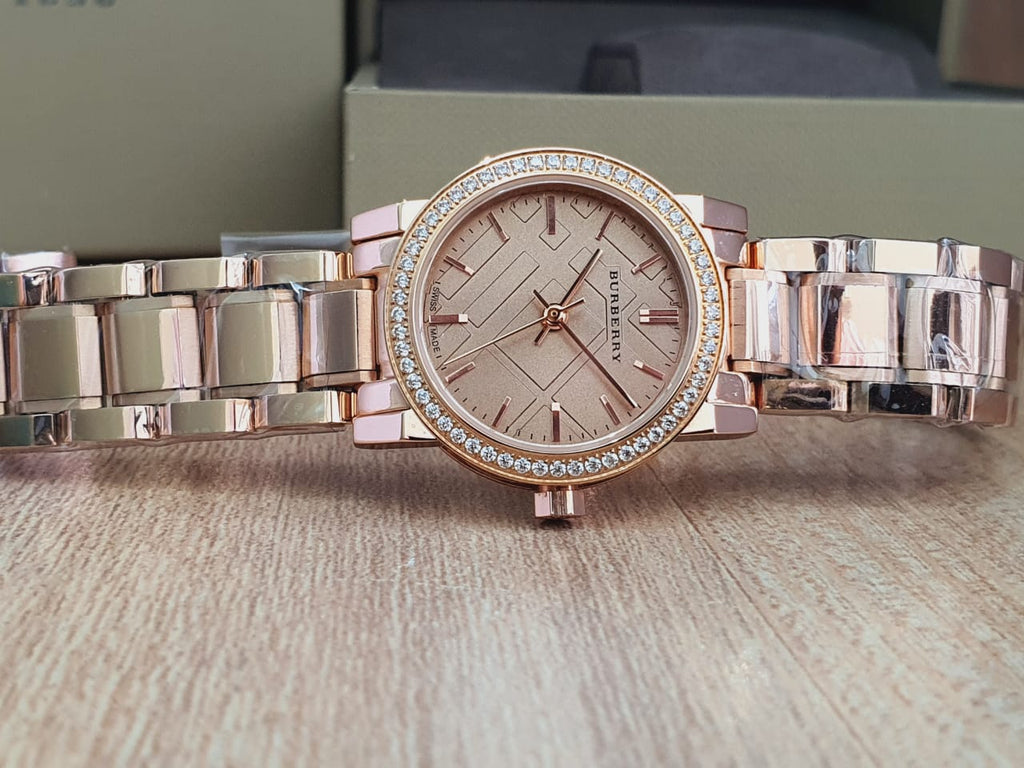 Burberry The City Diamonds Rose Dial Rose Gold Steel Strap Watch for Women - BU9225 Buy Now By Burberry