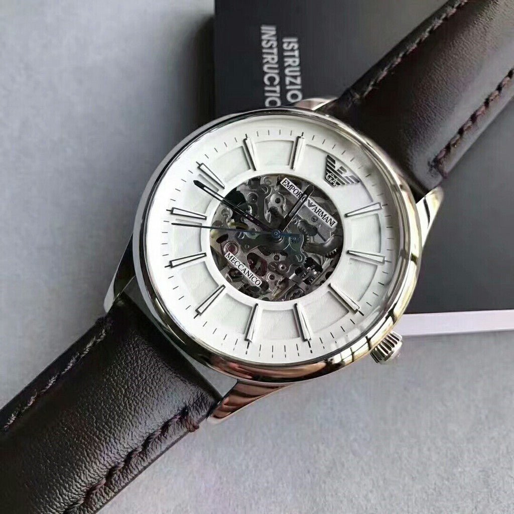 Emporio Armani Meccanico White Dial Brown Leather Strap Watch For Men - AR1946 Buy Now By Emporio Armani