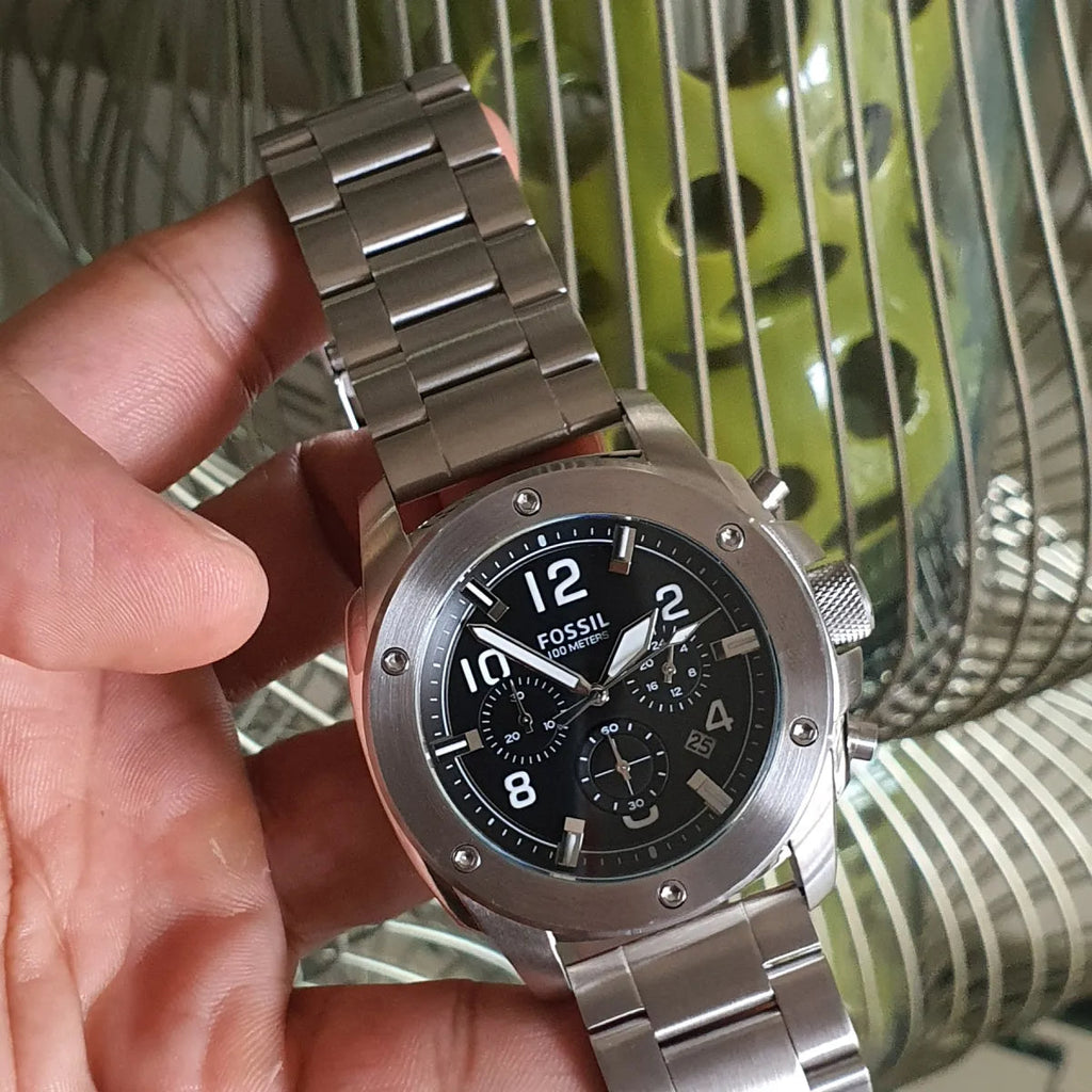 Fossil Modern Machine Black Dial Silver Steel Strap Watch for Men - FS4926