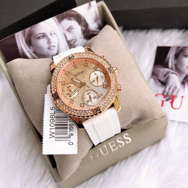Guess Confetti Crystal Rose Gold Dial White Silicone Strap Watch For Women - W1098L5 Buy Now By Guess