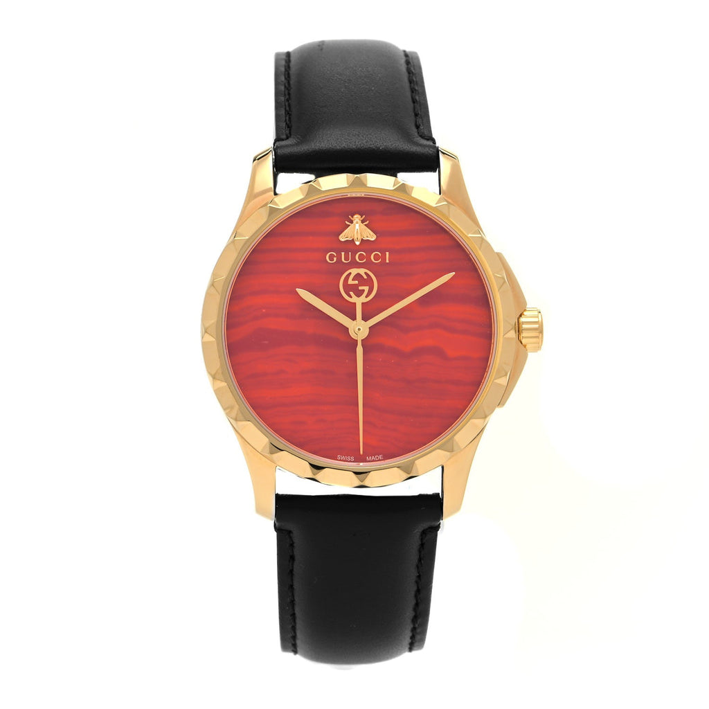 Gucci G Timeless Coral Red Dial Black Leather Strap Watch For Men - YA126464 Buy Now By Gucci