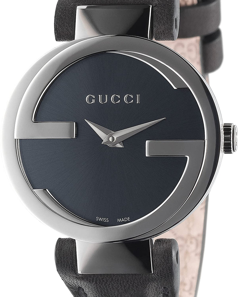 Gucci G Interlocking Black Dial Black Leather Strap Watch For Women - YA133501 Buy Now By Gucci