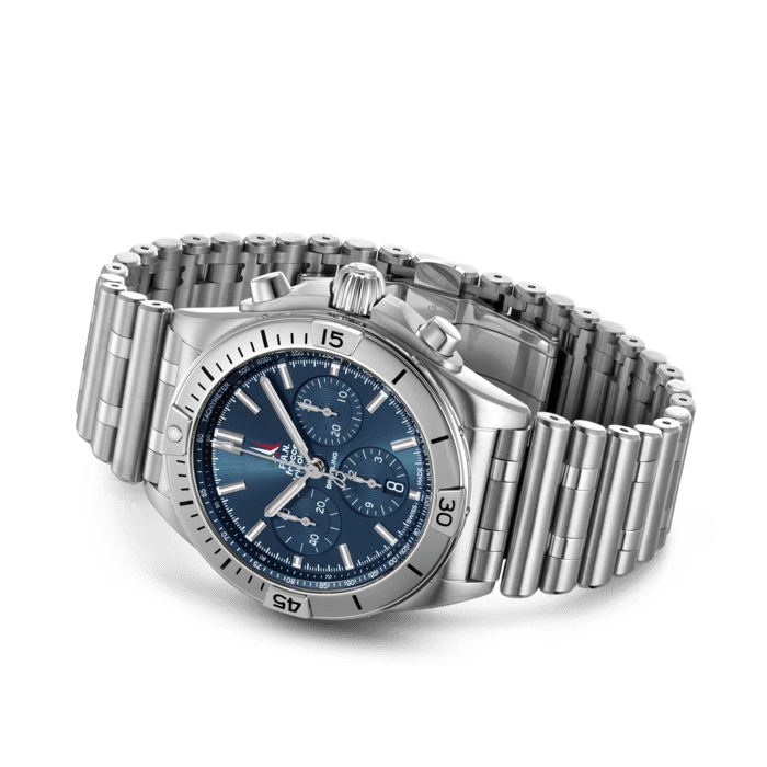 Breitling Chronomat B01 42 Frecce Tricolori Blue Dial Silver Steel Strap Watch for Men - AB01344A1C1A1 Buy Now By Breitling