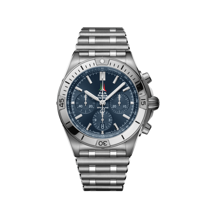 Breitling Chronomat B01 42 Frecce Tricolori Blue Dial Silver Steel Strap Watch for Men - AB01344A1C1A1 Buy Now By Breitling